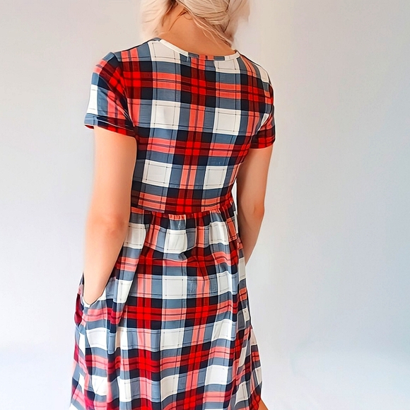 NWT Honeyuppy Plaid Fit-and-Flare Midi Dress Pockets Red Blue White S - Picture 2 of 5